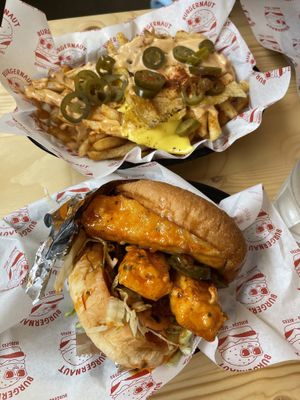Tofu and gochujang maple sauce burger and loaded fries  at Burgernaut in Auckland