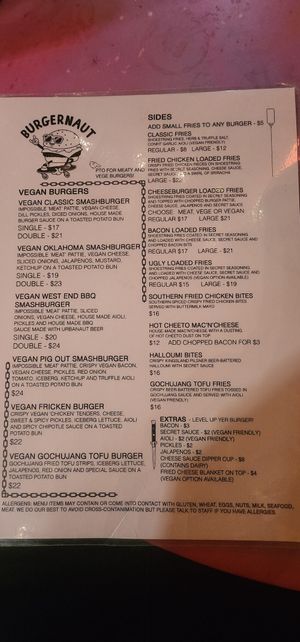 Vegan Menu - May 2026 at Burgernaut in Auckland