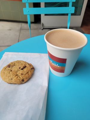 Oat hot chocolate and chocolate chip cookie at Nibble Chocolate - Little Italy in San Diego