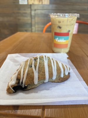 Blueberry scone (gf) and decaf iced latte with almond milk   at Nibble Chocolate - Little Italy in San Diego