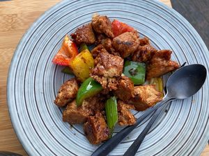 “Meat” served with rice   at Restaurant The City in Eindhoven