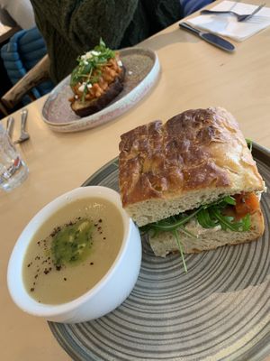 Soup and vegan focaccia sandwich combo, vegetarian beans on sourdough toast (minus feta for vegan)  at Birch in Newcastle