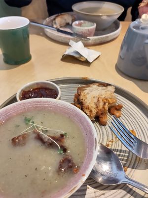 Potato and leek soup plus croutons, remnant of baked beans toastie, dipping sauce, coffee at Birch in Newcastle