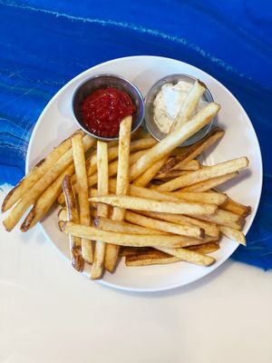 House made French fries. Our deep fryer is gluten free as well as animal free. House made lemon sumac aioli. Ask for tahini or ketchup instead to make it vegan!  at Meze Morada in Islamorada