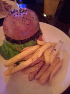 My friends vegan hamburger & fries 🍔🍿 at La Chicha in Mexico City