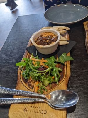 Caramelised onion hummus and toasted pita bread at Central 42 in Beverley