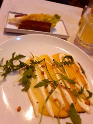 Carpaccio of beets, little gem with "bacon" at Rozey in Amersfoort