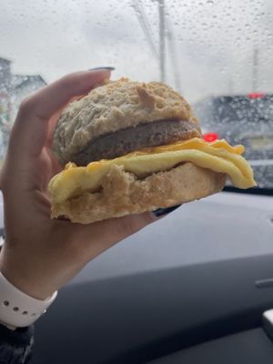 Breakfast special - not always served. Homemade biscuit, just egg patty, beyond breakfast sausage patty, daiya cheddar    at Vegan Pastry Lab in Englewood
