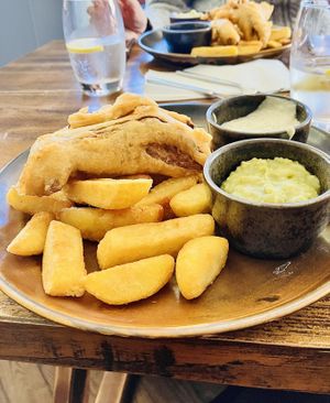 Sunday portion ‘banana blossom ‘ fish and chips’ 😋😋😋🌟  at Rock Point Inn in Lyme Regis