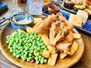 Fav meal….’Vegan Fish & Chips’ Staff are so lovely here…dogs always welcomed and made a fuss of 🌟🌟🌟🌟🌟  at Rock Point Inn in Lyme Regis