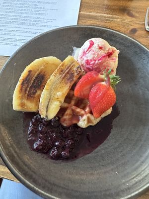 Waffle and vegan ice cream   at Rock Point Inn in Lyme Regis