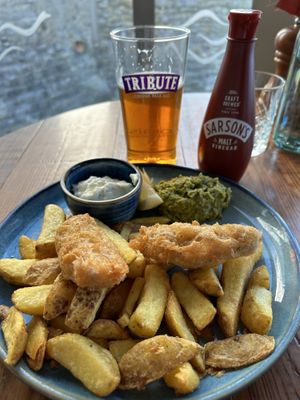 Fish & Chips served with minty mashed peas (amazing flavor!)  at Rock Point Inn in Lyme Regis