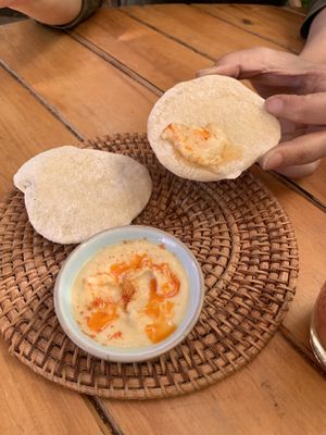 We got a starter with hummus and paprika    at Sarajevo Cafe Jardin in San Cristobal De Las Casas