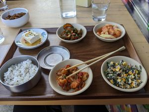All vegan banchan selection, with rice and house-made tofu at Joodooboo in Oakland