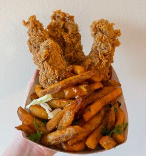 chicken tenders & garlic fries  #Veganuary at Atlas Monroe in San Diego
