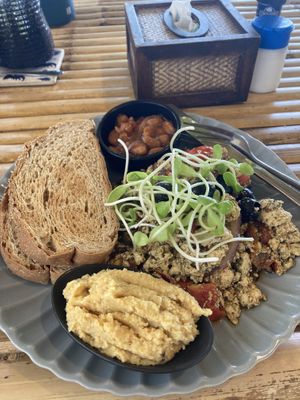 Tofu scramble (comes with hummus) plus baked beans on the side as an extra for 20 baht.  at Tuesday Morning in Koh Lanta