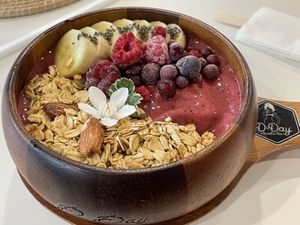 Saturday berry bowl (banana, mixed berries) made vegan (no yogurt), 229 baht  at D-Day Smoothie Bar in Hua Hin