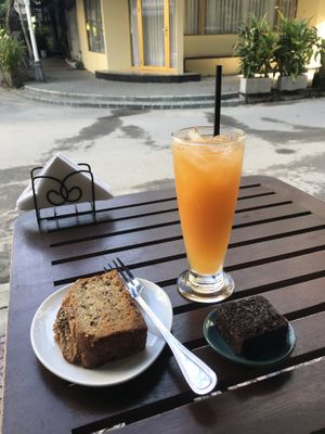 Vegan banana bread, chocolate vegan brownie, orange juice  at Le Bordeaux in Da Nang