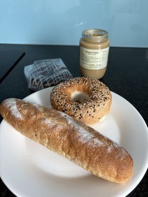Sourdough bagette small, sesame bagel and chocolate donut: all Vegan! (Peanut butter wasn’t from here 😉)  at Le Bordeaux in Da Nang