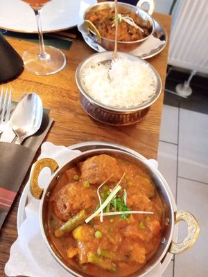 Sabji Kofta, rice and okra - very delicious! at Holi in Cologne