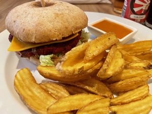 Red burger with chili mayo and kickass fries.  at Vebu in Aarhus