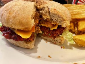 Red burger with chili mayo and kickass fries.  at Vebu in Aarhus