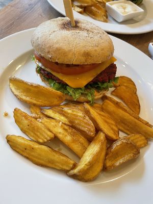 Red burger with amazing fries  at Vebu in Aarhus