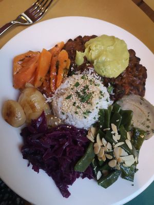 Main: extremely flavorful plate with different vegetables, rice and legumes at La Zucca in Venice