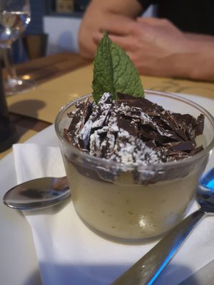 Dessert: delicious pear purree with dark chocolate at La Zucca in Venice