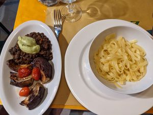 2 sides (fried eggplant, and black beans with avocado) along with tagliatelle (no eggs) at La Zucca in Venice