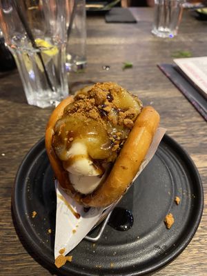 vegan apple pie bao bun pudding with vegan ice cream  at SALT in Hamilton