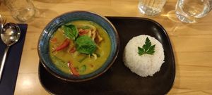 Green Curry with tofu and jasmine rice at NUSARA Thai Fire Kitchen in Poole