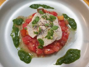 Tomatoes with sunflower seeds mozzarella and pesto at Au Quotidien in Amiens