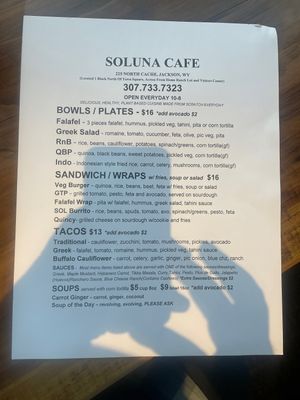 Menu page 1  at Soluna Cafe in Jackson