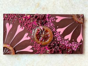 Gorgeous seasonal special: Valentine’s Bark. Candied citrus, rose petals, hibiscus sugar, oh my!   at Lagusta's Luscious in New Paltz