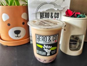 Vegan earl grey oat milk tea with grapes pearls at Hero & Co in Central Singapore