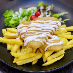 Fish and Chips with Omnifood Golden Fillets  at Makan Vegan - 斋这里 in Central Singapore