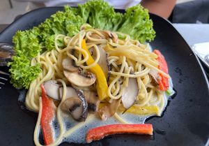 Mushroom spaghetti  at Makan Vegan - 斋这里 in Central Singapore