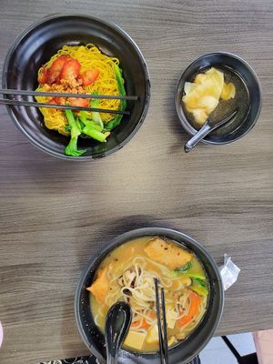 Wonton mee and fish slice bee hoon soup at Makan Vegan - 斋这里 in Central Singapore