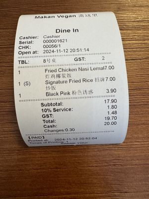Receipt   at Makan Vegan - 斋这里 in Central Singapore