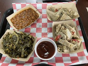 Jackfruit, collards, baked beans.   at Wholy Smoke Family Restaurant in Mauldin