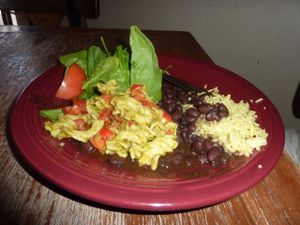 Cilantro pesto pasta salad, fresh salad, black beans, lemon rice at Vegeria - Viva Book Complex in San Antonio