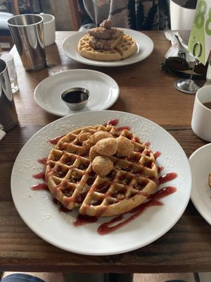Chicken and waffles, deluxe waffle  at Rabbits Cafe - Killingsworth in Portland