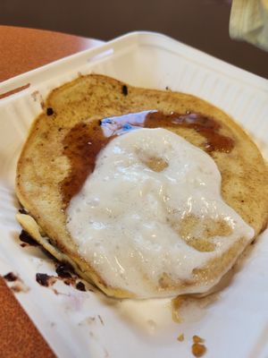 Chocolate chip pancake with coconut whip cream and syrup! at The Station Bistro in Conway