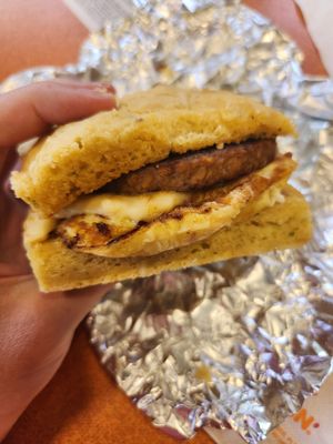 Vegan sausage, egg and housemade pepperjack cheese on biscuit! Super tasty! at The Station Bistro in Conway
