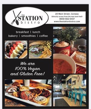 We are a dedicated Gluten free and vegan bistro in our cozy town of Conway NH. House made falafel, sweet potato burgers, fresh smoothies and an amazing bakery makes us special! at The Station Bistro in Conway