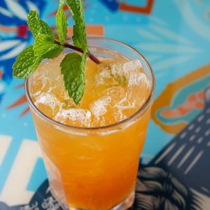 Passionfruit Saffron Lemonade with agave reduction mint  at CafeCafeMobilecoffee in Los Angeles