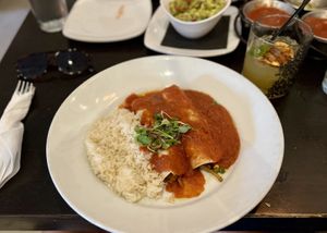 Vegan Enchilada with Tomato Pepper Sauce and Mezcal Margarita  at LUNA in Murrells Inlet