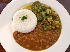 Seco Criollo: Vegetarian Meat in a Pea/Carrot/Potato Stew, Served with Basmati Rice and Beans at Aji Peruvian Restaurant in Ooltewah