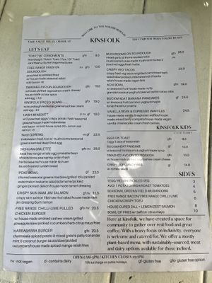menu  at Kinsfolk in Rockhampton